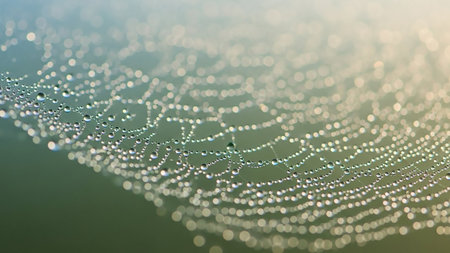 An extreme close-up macro photograph of a spiderweb covered in numerous tiny, sparkling dew drops. The water droplets are perfectly round and reflect the light, creating a glistening effect along the intricate threads of the web. The background is softly blurred, highlighting the sharp detail of the dew-covered silk.の素材