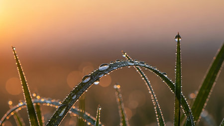 A close-up macro photograph captures numerous sparkling dewdrops clinging to delicate blades of green grass. The morning sun casts a warm, golden glow in the background, creating a soft bokeh effect. The water droplets reflect the light, appearing like tiny jewels on the grass. The image emphasizes the intricate details and serene beauty of nature in the early morning.の素材
