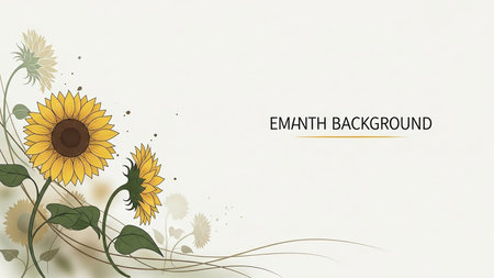 A light-colored background features a decorative arrangement of sunflowers and leaves in the lower left corner. The sunflowers are depicted with yellow petals and brown centers, accompanied by green leaves and stems. Delicate, thin lines and small dots add an artistic touch to the composition, with the text "EMANTH BACKGROUND" on the right.の素材