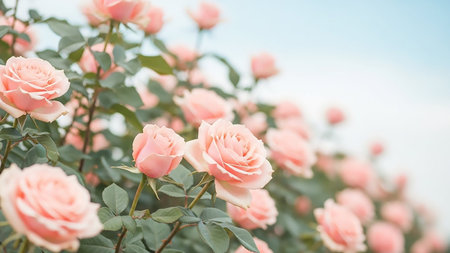 A close-up view of delicate pink roses in full bloom. The soft petals and green leaves are in sharp focus, while the background of a soft blue sky is gently blurred. The image conveys a sense of natural beauty and tranquility.の素材