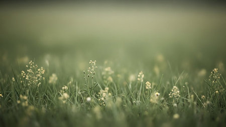 A close-up view of delicate wildflowers blooming amidst lush green grass. The foreground is in sharp focus, showcasing small yellow and white blossoms on thin stems, while the background is softly blurred with a gentle bokeh effect. The overall impression is one of serene, natural beauty and subtle detail.の素材
