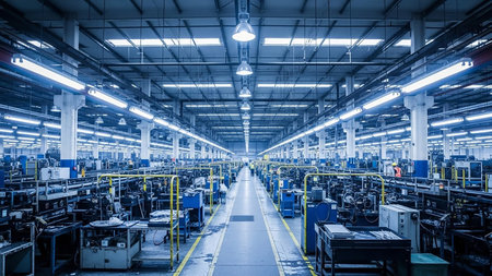 A vast and brightly lit factory interior stretches into the distance, filled with rows of industrial machinery and equipment. Blue accents and bright overhead lights illuminate the organized production floor, with conveyor belts and various components visible. The perspective draws the eye down the long aisle.の素材