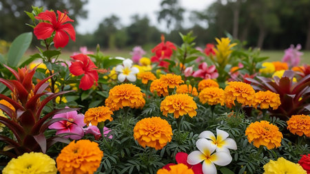A close-up view of a lush garden bed filled with a variety of colorful flowers. Prominent are bright orange marigolds, vibrant red hibiscus, and delicate white plumeria. Red bromeliads and pink flowers add to the rich tapestry of colors. The background is softly blurred, showing green foliage and trees, suggesting an outdoor setting bathed in natural light.の素材