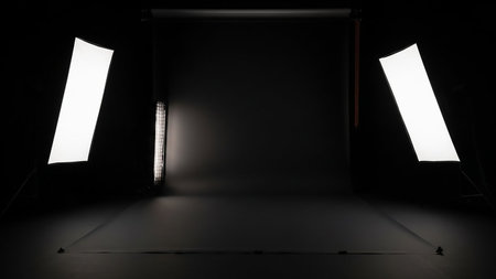 An empty photography studio with a dark backdrop and a seamless floor. Two large softbox lights are positioned on either side, angled towards the center, creating a bright, diffused illumination. A vertical strip light is placed between them, adding a subtle highlight. The scene is set for a professional photoshoot.の素材