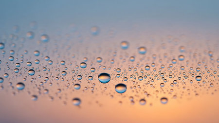 Surface. showing macro water droplets on a colored surface keywords: water, droplets, drops, condensation, moisture, wet, surface, macro, close-up, texture, background, abstract, blue, orange, pink, gradient, light, reflection, refraction, clear, transparent, refreshing, clean, dew, liquid, science, detail, pattern, natural, atmospheric description: a macro photograph captures numerous small and large water droplets clinging to a surface. the droplets are clear and spherical, reflecting the...の素材