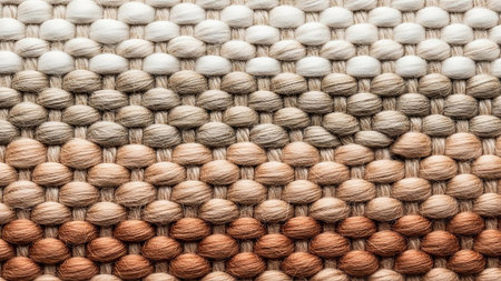 A close-up view of a woven fabric reveals a detailed texture of thick yarn. The material displays a gradient color transition, starting with cream and white at the top, moving through various shades of beige and light brown, and ending with a warm reddish-brown at the bottom. The spherical bumps of the yarn create a visually interesting and tactile pattern.の素材