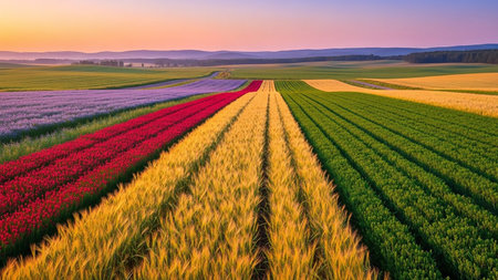 An aerial view of vibrant agricultural fields arranged in colorful rows stretching towards the horizon. The scene features distinct bands of red flowers, golden wheat, green crops, and purple lavender, all bathed in the warm, soft light of a sunset or sunrise.の素材