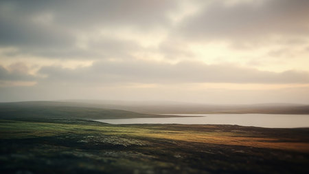 Wilderness. showing misty arctic tundra landscape with lake and clouds keywords: tundra, landscape, arctic, nature, lake, water, sky, clouds, mist, fog, atmospheric, serene, vast, open, wilderness, remote, northern, horizon, rolling hills, green, brown, grey, muted colors, natural beauty, outdoor, scenic, peaceful, tranquil, cloudy, overcast, ethereal description: a wide, atmospheric landscape of the arctic tundra under a cloudy sky. a calm lake stretches across the middle ground, reflecting...の素材