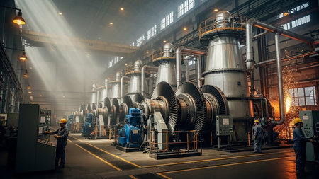 Inside a bustling power plant, a row of large steam turbines dominates the scene. Workers in hard hats and safety vests are visible near control panels and machinery. Steam and sparks suggest an active and operational industrial environment. The lighting highlights the intricate details of the equipment.の素材