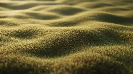 A detailed close-up of a green grass surface with gentle undulations. The individual blades of grass are visible, creating a rich, textured pattern. Soft light and shadows play across the undulating landscape, giving it a dynamic and organic feel.の素材