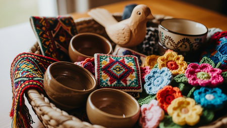 A close-up view of a woven basket overflowing with various handmade crafts. Included are colorful crocheted flowers, small ceramic bowls, a wooden bird figurine, and embroidered textile pieces with geometric patterns. The assortment of items suggests a collection of folk art or artisanal creations, showcasing vibrant colors and intricate details.の素材