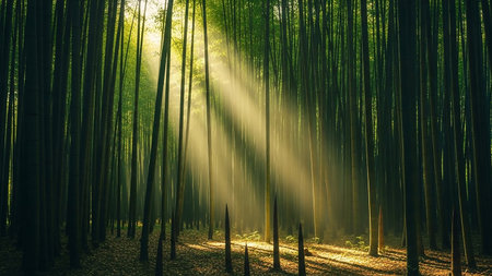 Sunbeams dramatically pierce through the dense canopy of a tall bamboo forest, casting long, dappled shadows on the forest floor. The vertical stalks of bamboo create a striking pattern, evoking a sense of peace and natural wonder.の素材
