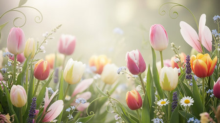 A soft-focus image of a garden filled with blooming tulips and small wildflowers in pastel shades of pink, white, yellow, and orange.の素材
