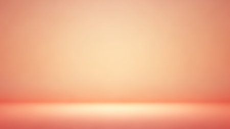 A soft, warm gradient background transitions from a light peach to a subtle orange and pink hue, with a gentle illuminated line suggesting a floor.の素材