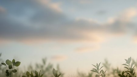 Softly focused green leaves in the foreground against a blurry, pastel sky with gentle clouds, creating a serene and natural background.の素材