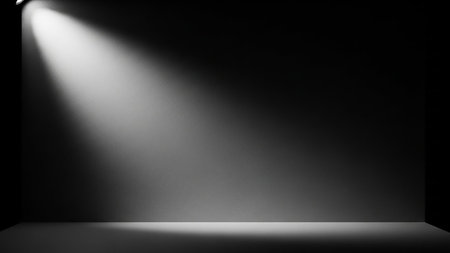 A single, bright spotlight beam illuminates a dark stage floor, creating a dramatic contrast and a sense of anticipation.の素材