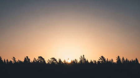 A dark silhouette of a dense forest lines the horizon under a soft gradient sky transitioning from warm orange to cool blue at dusk.の素材