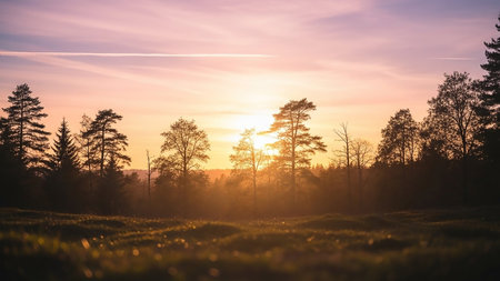 A warm sunset casts golden and pink hues across the sky, silhouetting a dense forest and a grassy foreground.の素材