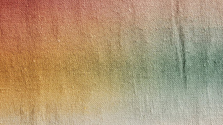 This image showcases a close-up view of a textured fabric surface. A distinct color gradient transitions from warm red and orange tones on the left to yellow and then a muted green on the right. The weave of the material is clearly visible, creating a tactile and abstract background with a slightly aged or vintage feel.の素材