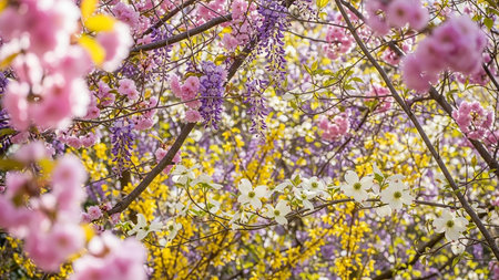 Multiple showing spring blossom tree branches with multiple flowers. High resolution image suitable for commercial use.の素材