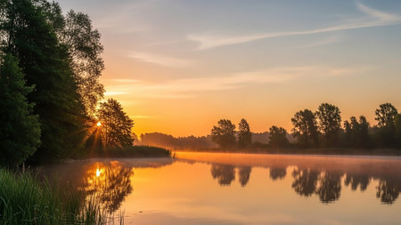 A serene sunrise over a misty lake, with golden sun rays piercing through the trees on the left, casting reflections on the calm water.の素材