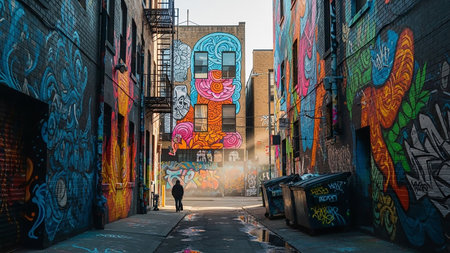 Colorful showing urban alleyway with colorful graffiti art. High resolution image suitable for commercial use.の素材