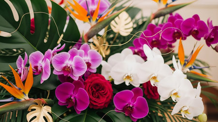 Orchids showing tropical flower arrangement with orchids and bird of paradise. High resolution image suitable for commercial use. Clear details and vibrant colors enhance visual appeal.の素材