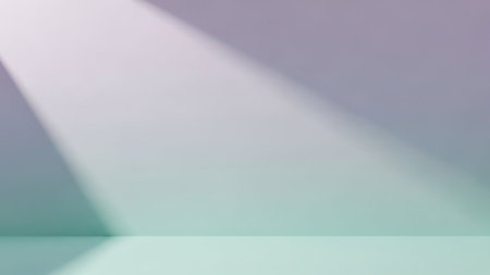 A minimalist background features a smooth gradient transitioning from soft purple at the top to a mint green at the bottom. A distinct diagonal beam of light casts a subtle shadow across the surface, creating a sense of depth and atmosphere. The overall look is clean, serene, and modern, suitable for various design applications.の素材