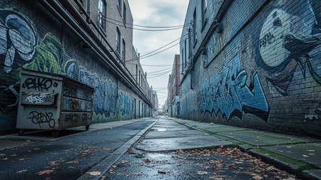A narrow urban alleyway lined with brick walls covered in colorful graffiti, a large metal dumpster, and overhead wires under an overcast sky.の素材