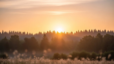 A breathtaking sunrise paints the sky in warm golden and orange hues. Sun rays pierce through a light mist, illuminating a dense forest silhouette on the horizon. In the foreground, a field of tall grass or reeds is softly blurred, creating a serene and atmospheric natural landscape.の素材
