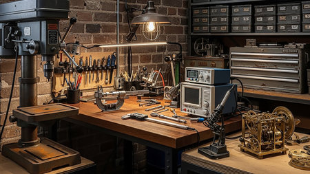 Visible showing workbench with tools and precision instruments keywords: workbench, workshop, tools, instruments, drill press, micrometer, caliper, soldering iron, electronics, clockwork, gears, precision, measurement, repair, crafting, diy, hobby, garage, studio, industrial, metalworking, engineering, technical, equipment, organized, clutter, vintage, retro, detailed, craftsmanship, mechanical, electrical description: a detailed view of a cluttered workbench in a workshop setting. a drill...の素材