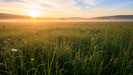 A tranquil sunrise over a misty meadow, with dew-kissed green grass and scattered wildflowers illuminated by the soft golden light.の素材