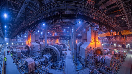 The expansive interior of an industrial power plant, filled with large turbines, generators, intricate piping, and electrical wiring, illuminated by blue and orange lights.の素材