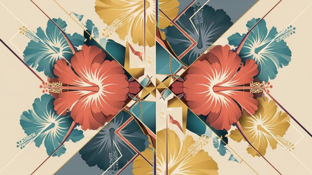 A symmetrical abstract pattern featuring stylized hibiscus flowers in coral and yellow, interspersed with teal geometric shapes on a beige background.の素材