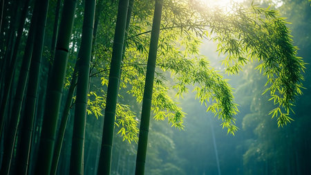 Sunlight streams through a dense bamboo forest, illuminating vibrant green leaves and creating a peaceful, atmospheric scene with visible sun rays.の素材