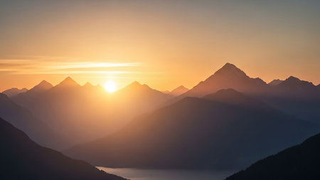 A breathtaking sunset casting golden light over a layered mountain range, with the sun low on the horizon.の素材