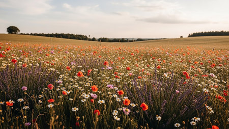 A wide field of vibrant wildflowers including poppies, lavender, and daisies under a warm sunset sky with rolling hills in the distance.の素材