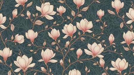 A detailed vintage pattern of pink and cream magnolia blossoms and branches against a dark, textured teal background.の素材