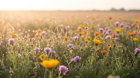 A vibrant wildflower meadow bathed in the warm glow of sunrise, with delicate dewdrops sparkling on the petals and grass.の素材