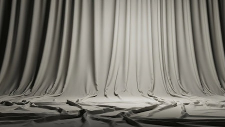 A white fabric stage curtain with dramatic folds and soft lighting, creating a textured backdrop.の素材