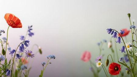 A collection of delicate wildflowers including red poppies, bluebells, and daisies, set against a soft, out-of-focus background with gentle light.の素材