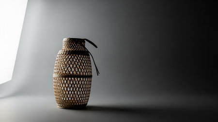A woven bamboo lantern with a diamond pattern is lit dramatically, casting shadows on a gradient background.の素材
