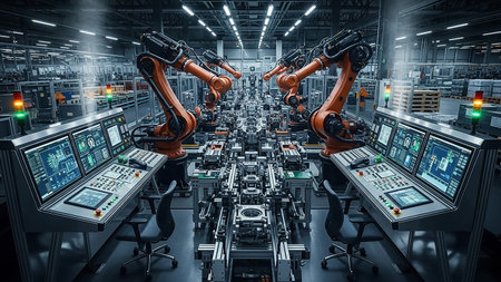 An advanced manufacturing facility interior featuring multiple robotic arms positioned over an assembly line, with two control consoles displaying data.の素材