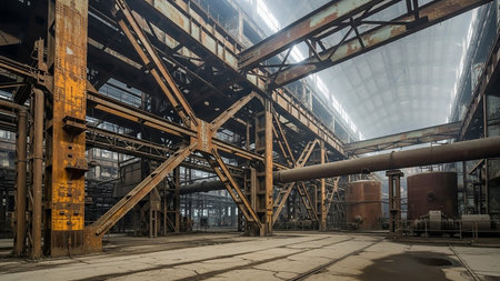 Interior view of a vast abandoned factory with intricate rusty metal beams, pipes, and tanks under a large, light-filled ceiling.の素材