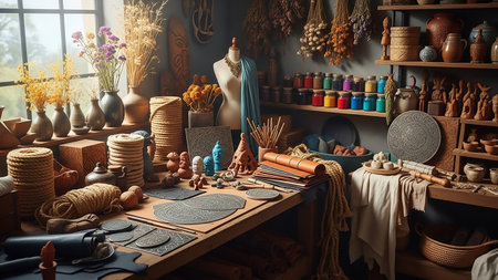 An artisan's workshop is filled with a variety of craft supplies including pottery, yarn, leather, and dried flowers, alongside finished ceramic pieces and sculptures.の素材