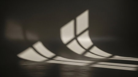 Abstract geometric patterns of light and shadow cast on a dark, textured surface, creating a moody and dramatic atmosphere.の素材