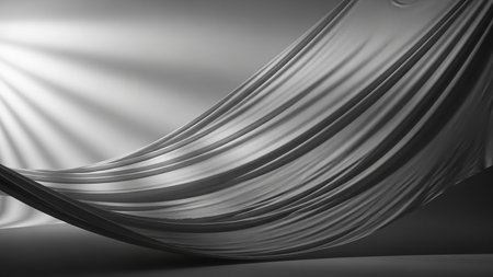 An abstract black and white image of flowing, draped fabric with subtle light rays and shadows creating a dramatic and elegant texture.の素材