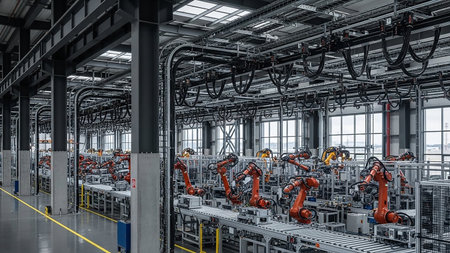 An expansive, modern factory interior showcasing an automated assembly line with numerous orange robotic arms working on a conveyor belt.の素材