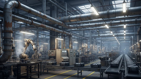 An automated factory assembly line features robotic arms working on a conveyor belt. Large pipes and machinery fill the industrial space, illuminated by overhead lights.の素材