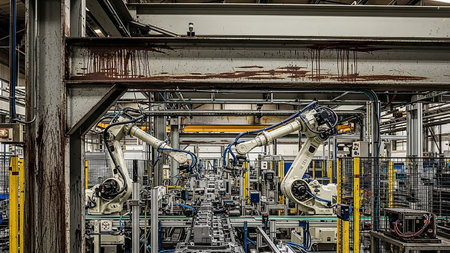 Automated robotic arms are actively working on a complex assembly line within a modern factory setting, showcasing industrial automation.の素材